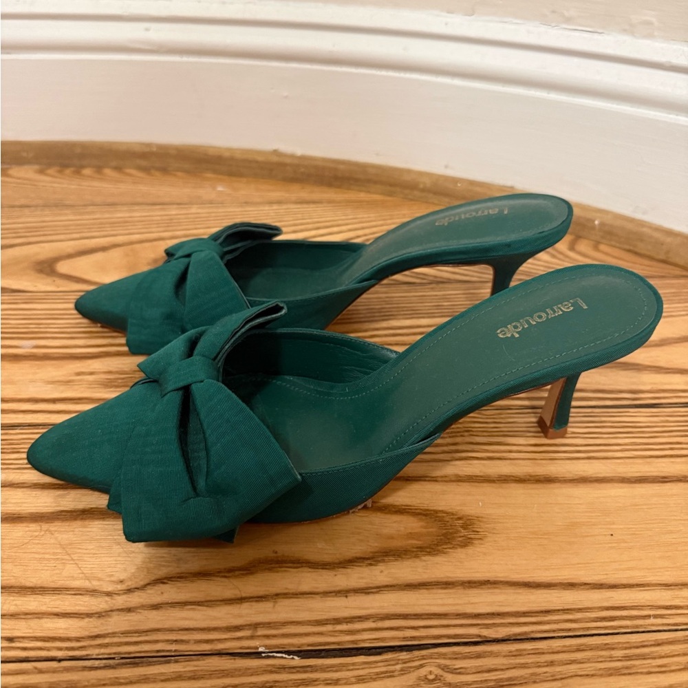 Larroude Teal Bow Pointed-Toe Mules - Picture 3 of 3